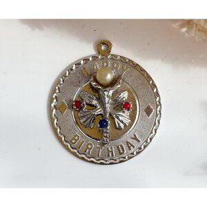 Textured "Happy Birthday" Pearl Sterling Silver 925 Vintage Pendant | Charm